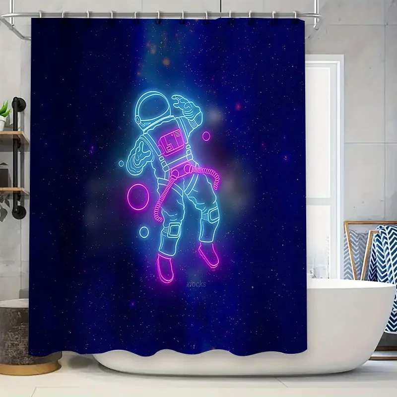 

Neon Astronaut Shower Curtain Space Theme Decor Modern Bathroom Waterproof Fabric Easy to Install and Maintain Rustproof Hooks‌
