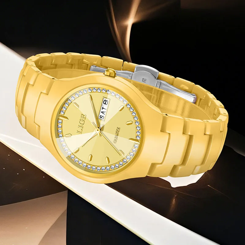 ساعة كوارتز ذهبية جديدة من LIGE للنساء، ساعة يد نسائية أنيقة بسوار من السيراميك الإبداعي، مقاومة للماء، ساعة للسيدات #2