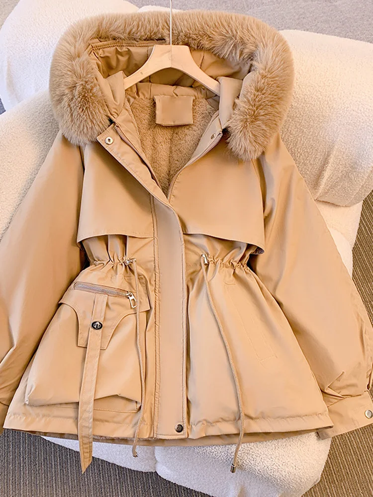 جديد المرأة المحشوة بالقطن أفخم المعاطف الدافئة 2025 الخريف الشتاء سترات معطف المرأة سحاب أكمام طويلة مقنعين الرباط سترات