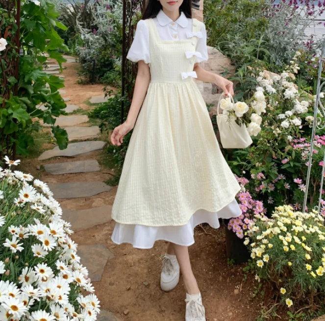 Tamanho grande suave menina verão emenda faculdade vestidos xadrez japonês falso de duas peças reduzindo a idade doce lolita moda vestido