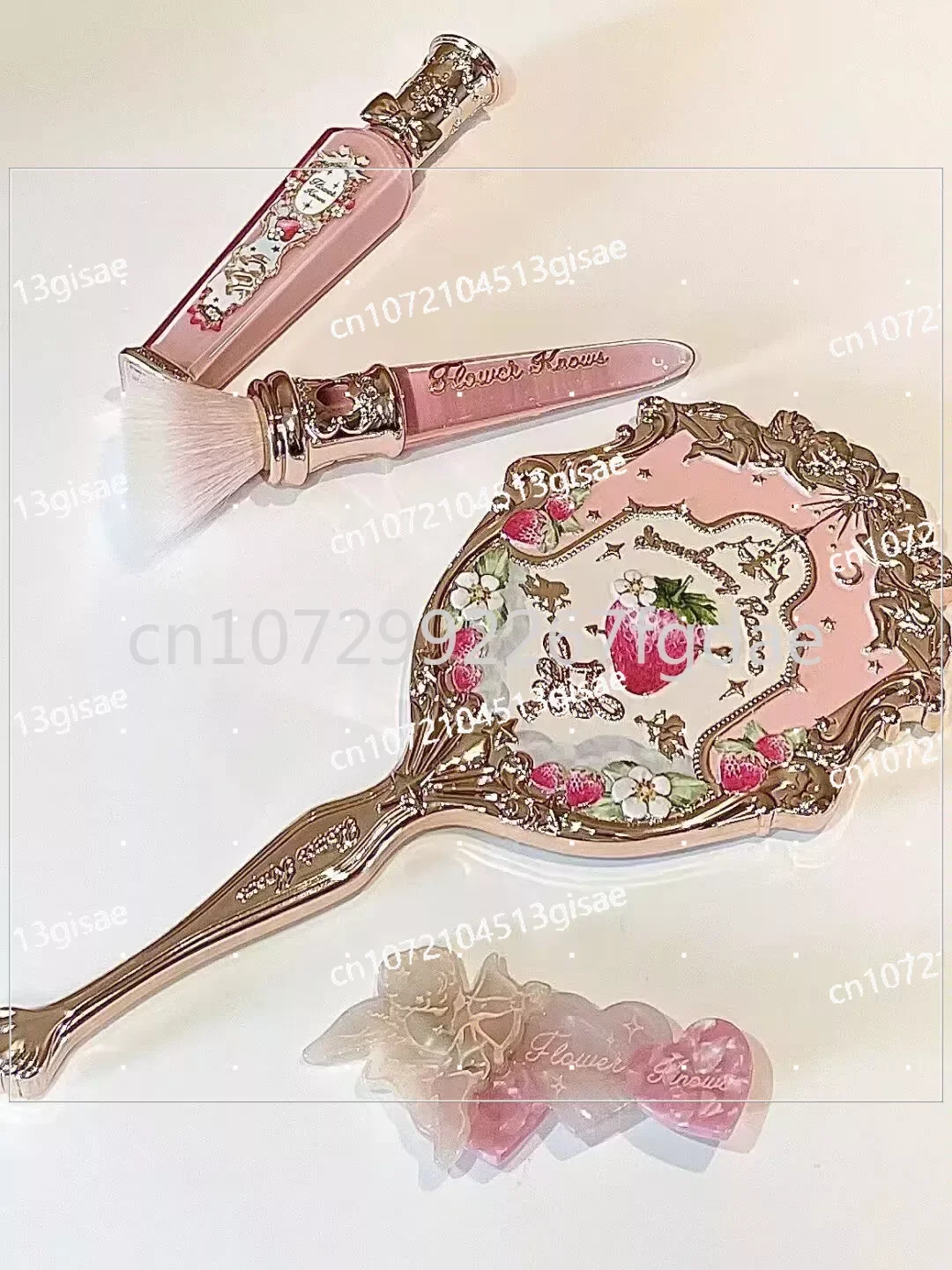 Flower Knows Strawberry Rococo Lip Glaze Handheld Mirror Makeup Tool Portable Small Mirror Carry Mirror with You