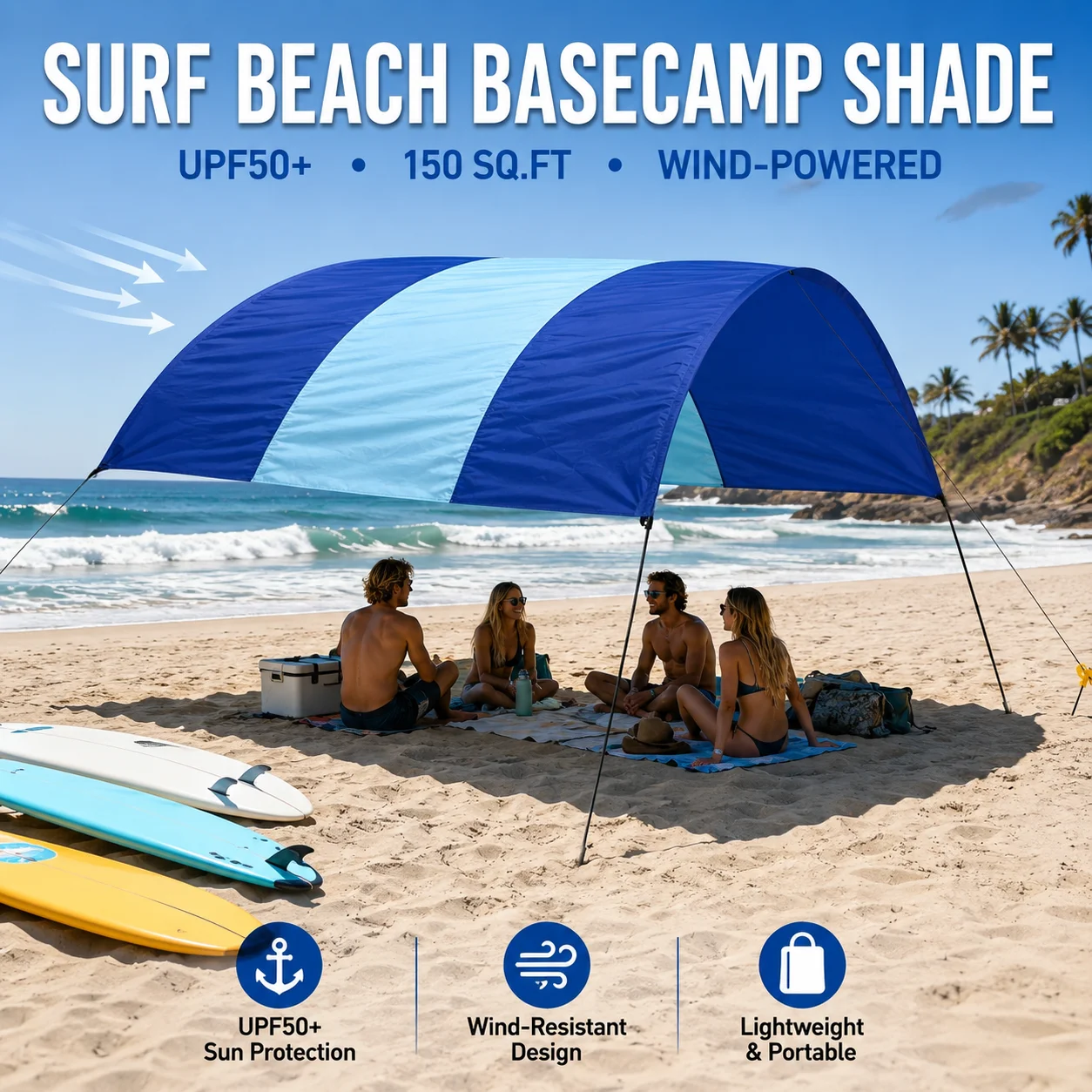 150 SQ.FT Beach Shade Canopy, UPF50+ Wind-Powered Lightweight Beach Tent with Sand Anchors for Surfing Water Sports