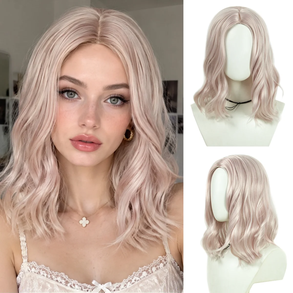 Women Pink Wavy Bob Synthetic Wig Dusty Pink Shoulder Length Loose Wave Side Part Natural Look Daily Wear Cosplay Wig + Wig Cap