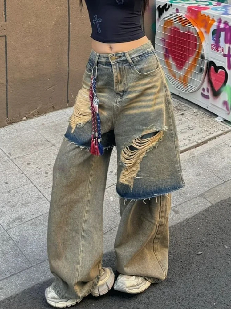 

American Style Ripped Fake Two Pieces Jeans Hiphop Loose Straight Leg All Match Pant Mud-dyed Design High Waist Wideleg Pants