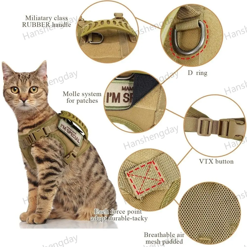 Nylon Tactical Cat Harness Cloth for Walking Escape Proof Adjustable Soft Mesh Pet Vest,Large Adult Cats chest Clothes&Small Dog