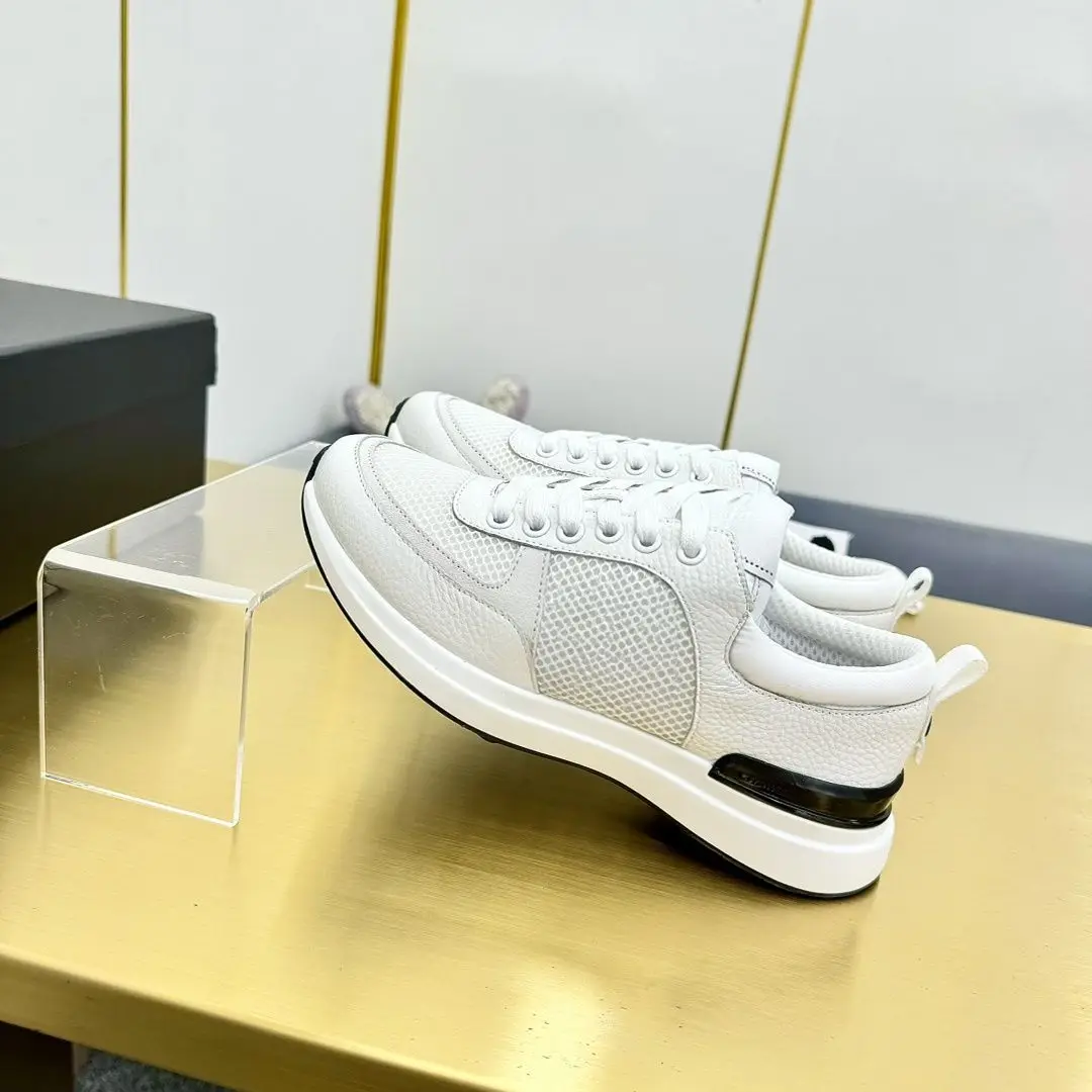 Men Women White Black Mesh Splicing Thick Sole Running Shoes Breathable Mesh Grained PU Low Top Shoes Minimalist Couple Lace-up Commute Jogging Sneakers