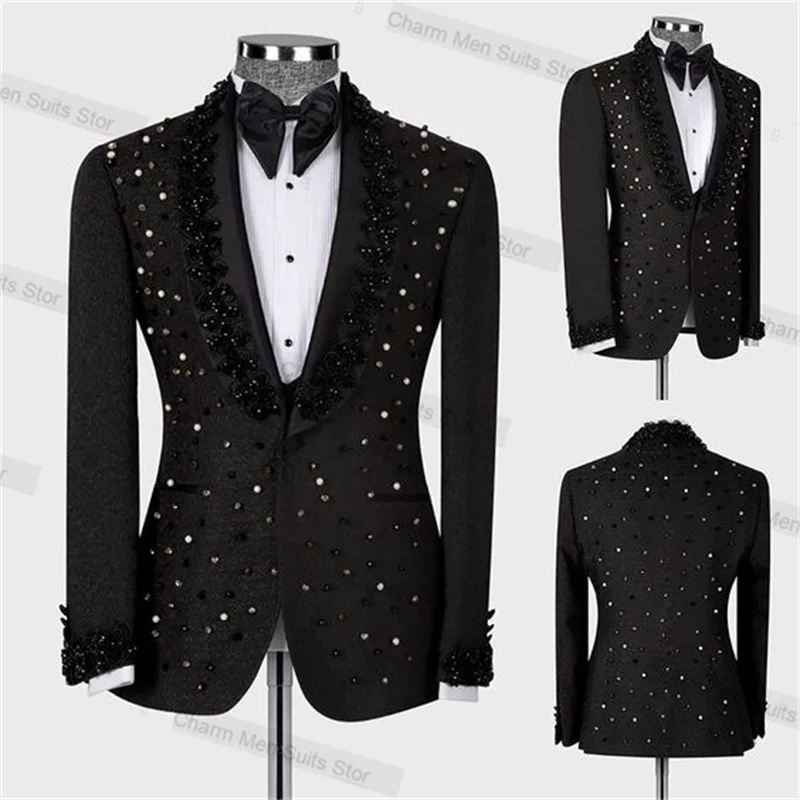 

Formal Black Men Suits Set 2 Piece Blazer+Pants Custom Made Jacket Office Groom Wedding Tuxedo Luxury Appliqued Beads Coat