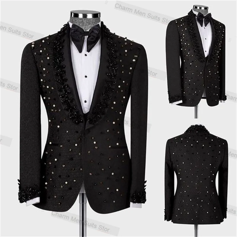 Formal Black Men Suits Set 2 Piece Blazer+Pants Custom Made Jacket Office Groom Wedding Tuxedo Luxury Appliqued Beads Coat