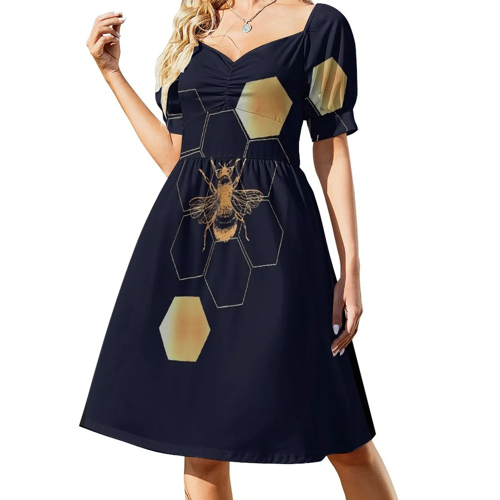 

Gold Honey bee with honeycomb hexagon pattern on navy background Short-Sleeved Dress women's fashion dresses loose summer dress