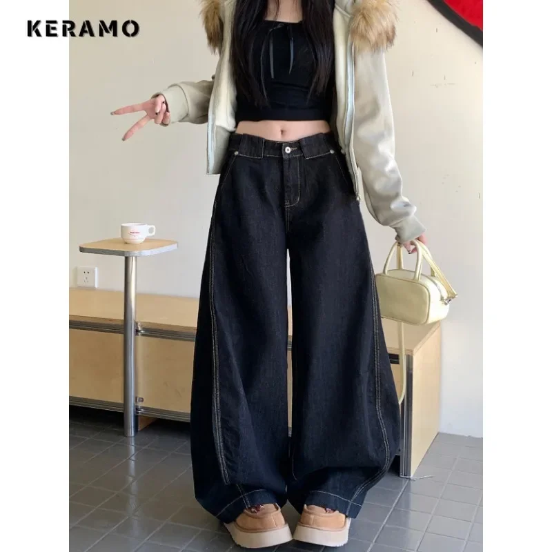 Casual Style Harajuku Jeans Vintage Aesthetic Mop Washed Pants 2025 Autumn Women's Y2K Wide Leg Punk Loose Baggy Denim Trouser