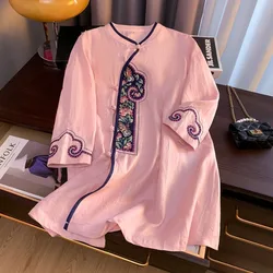 Embroidery Chinese Style Blouses Summer Vintage Women's Shirt Loose Cotton Linen Women Tops Short Sleeves Clothing 2024 Korean