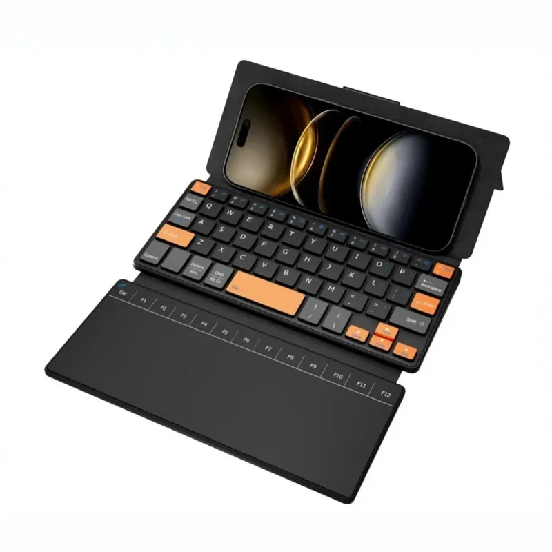 Tragbare, kabellose Bluetooth-Tastatur mit Touch-Funktion, wiederaufladbar, faltbar, mit Lederhülle und Ständer, Mini-Tastatur für Büro und Geschäftsreisen. – Detail 1