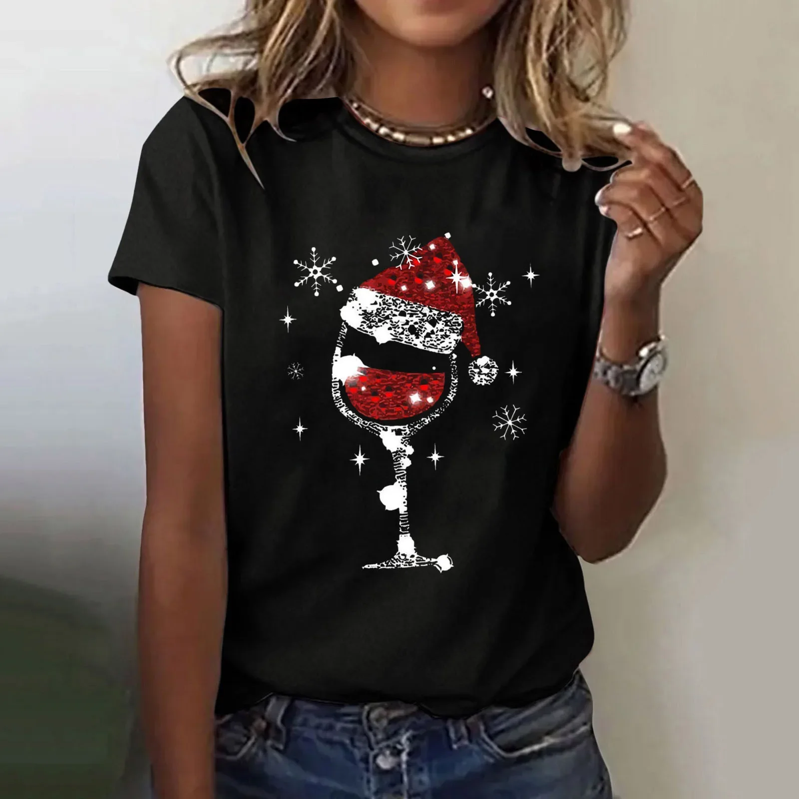 Christmas Women's Casual T-Shirs 2024 Summer Red Hat Wine Glass Graphic Tees XMAS Funny Print Tops Short Sleeve O-Neck Clothes