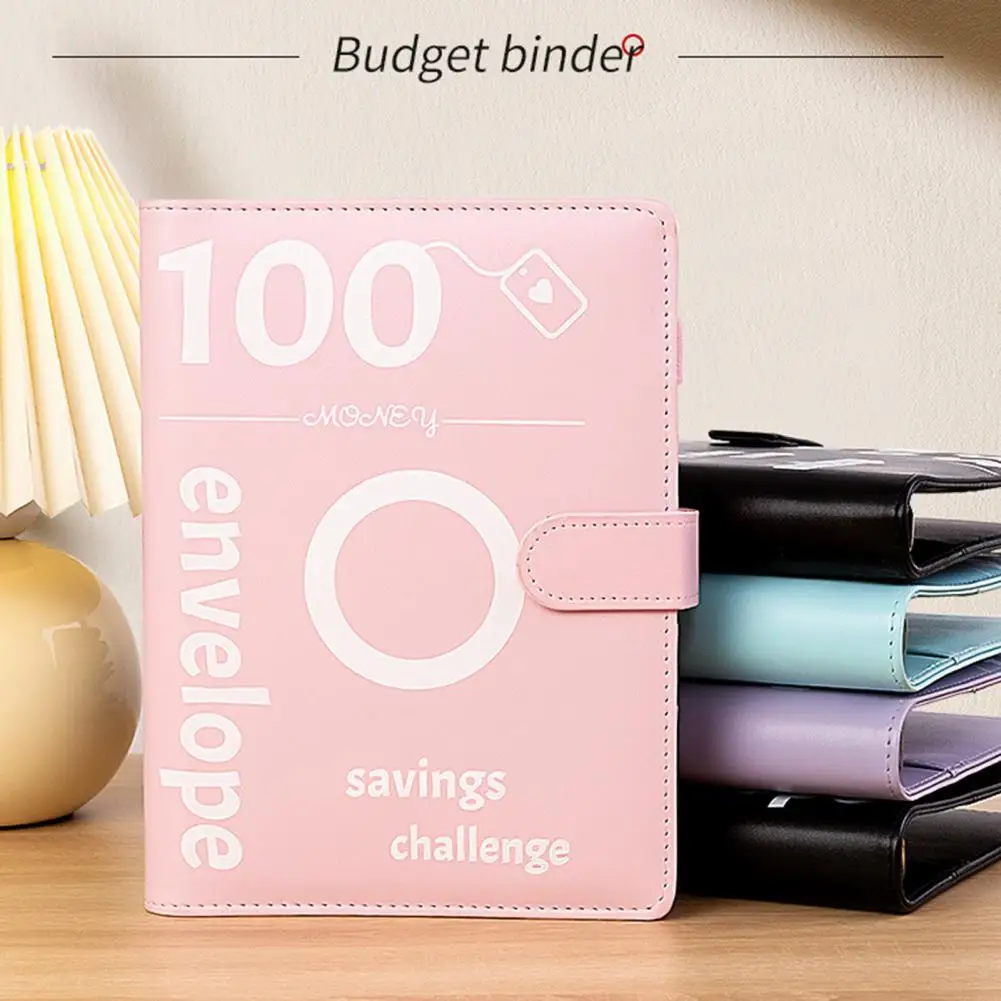 Carpeta de desafío para ahorro de dinero, 100 sobres con rastreador laminado, carpeta de presupuesto con sobre de efectivo, rotafolio con sobre de