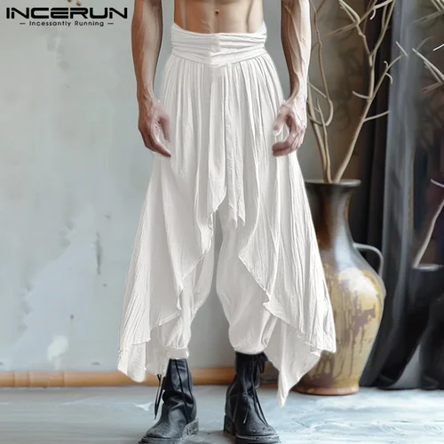 Imagen 2 del producto INCERUN-pantalones bombachos largos de Color liso para hombre, pantalón informal liso, con volantes, estilo americano, ropa de calle de gran tamaño, 2024