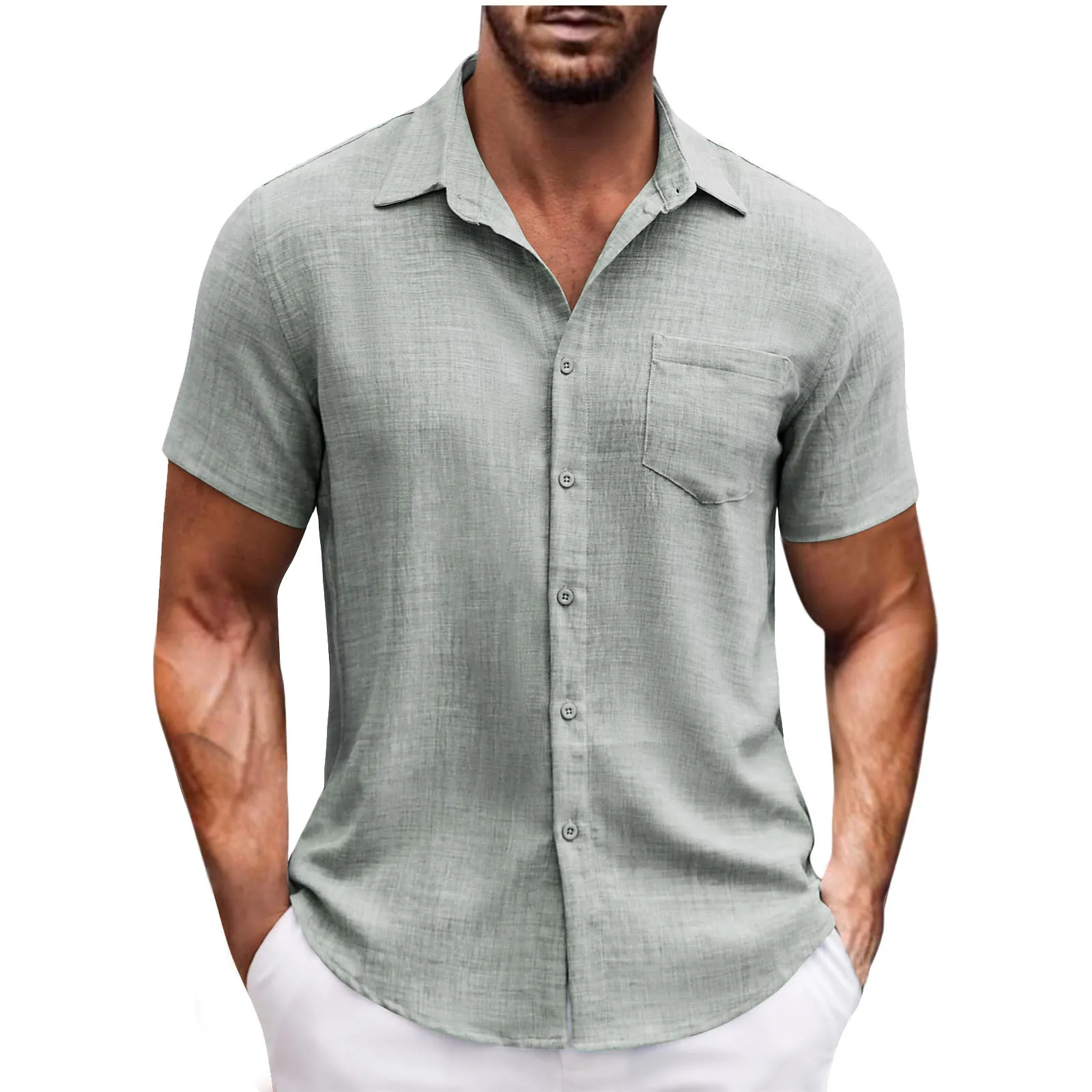 

Men's Solid Color Lapel Pocket Beach Casual Shirt Summer New Men's Casual Textured Shirt Short Sleeve Beach Daily Wear Tops