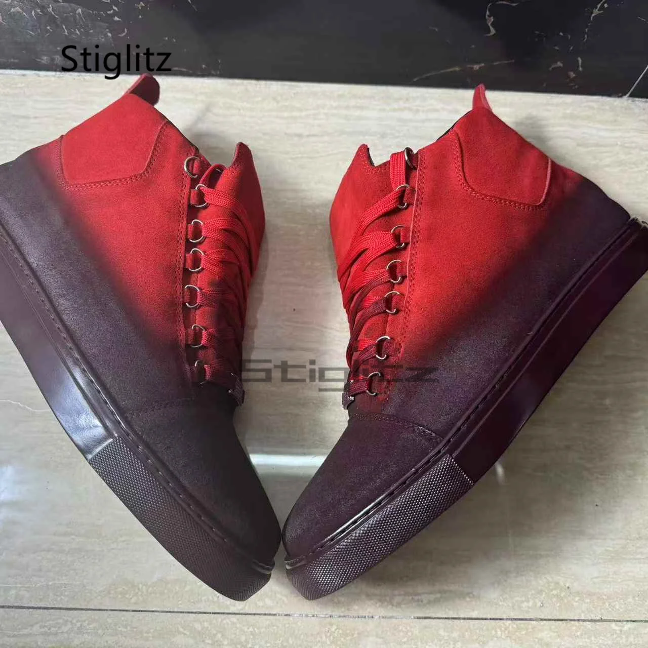 

Red Spray-Painted Sports Shoes Men's High-Top Casual Board Shoes Mixed Colors Lace Up Outdoor Trendy Versatile Sneakers Men