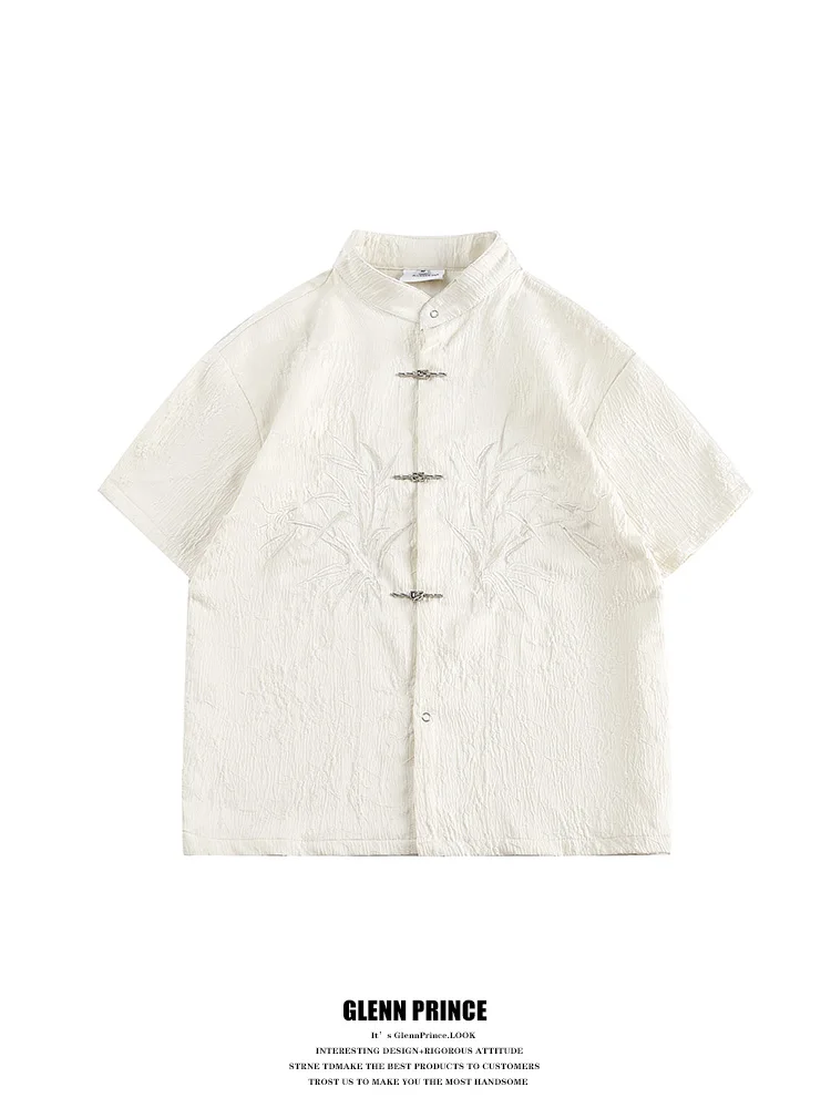 

GPstudio Chinese Style Short Sleeve Embroidered Plane Button Shirt Men's Summer New Fashion Couple's Shirt Loose Fit Youth Trend