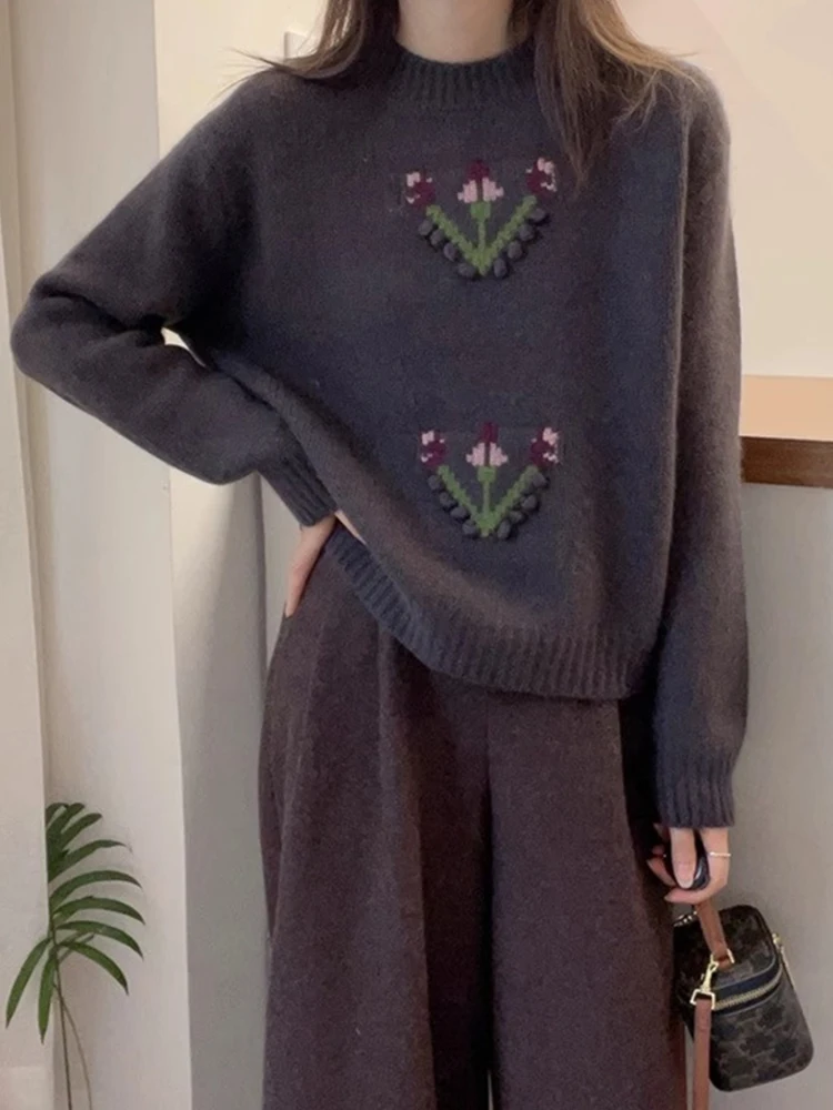 Zwaar borduurwerk bloemen wol gebreide trui herfst faion losse afslankbasis irt comfortabele zachte gezellige overhead trui