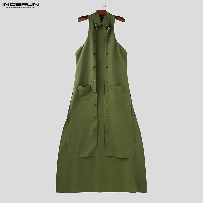 

INCERUN Men Long Style Vests Solid Color Lapel Sleeveless Open Stitch Male Waistcoats Streetwear Loose Punk Style Fashion Vests