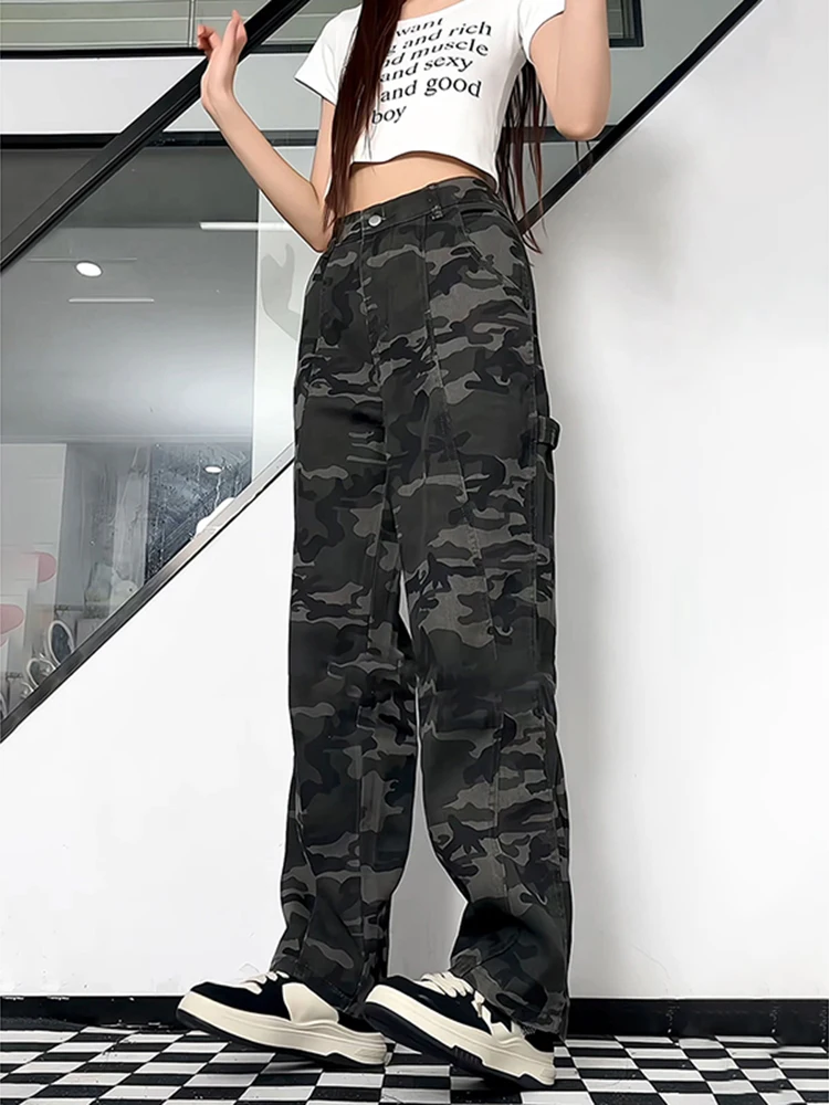 

Мужские джинсы в стиле ретро-американского хип-хопа с камуфляжным принтом, осенние прямые джинсовые брюки, рабочая одежда, молодежные энергичные стильные брюки