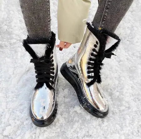 

Winter Lady Black Sliver Patent Leather Cross Tied Thick Sole Snow Boots Women Round Toe Lace Up Warming Short Booties Shoes