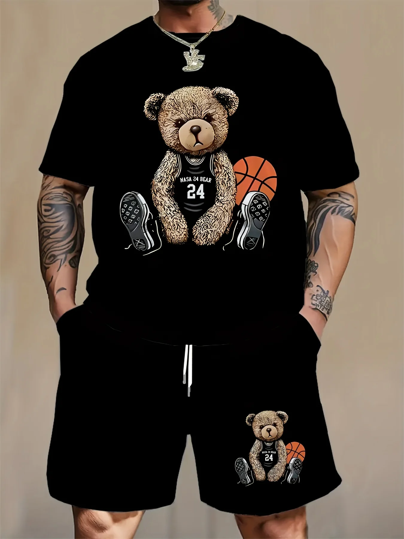 

Large men's bear print T-shirt and shorts set, suitable for outdoor sports in summer, fashionable and casual 2-piece set