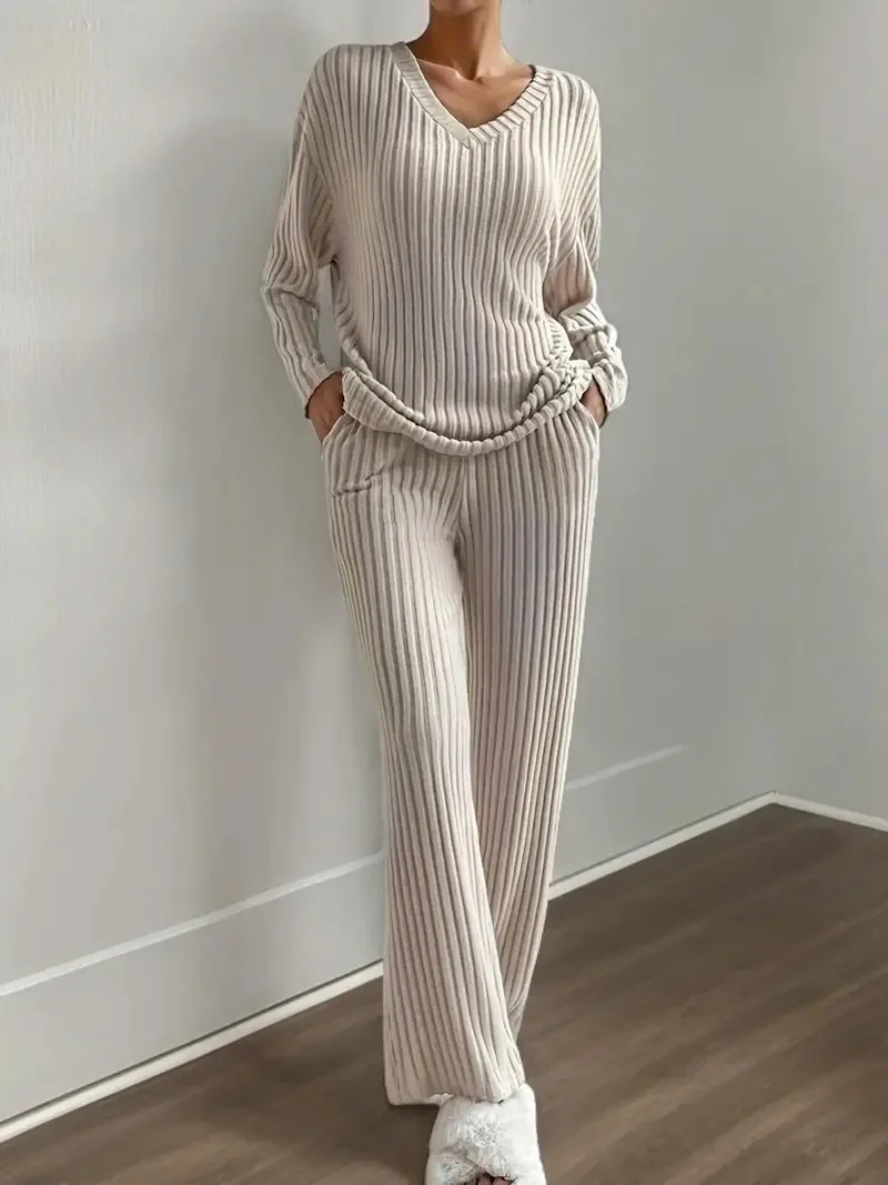 

Autumn Winter 2 Pieces Pajamas Set for Women Sleepwear V-neck Ribbed Knit Tops and Trousers Homewear Casual Outfits