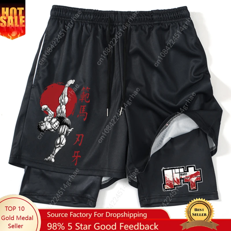 

Anime Printed Gym Shorts Black for Men 2 In1 Mesh Quick Dry Board Shorts Mens Bodybuilding Fitness Running Short Pants Summer