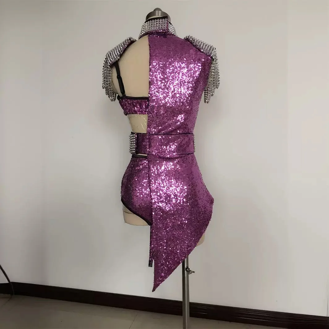 الأرجواني الماس مثير عرض جوفاء لامعة تصميم فريد السيدات المرحلة بذلة حفلة عيد ميلاد Vestidos De Fiesta Vestidos Para Festas