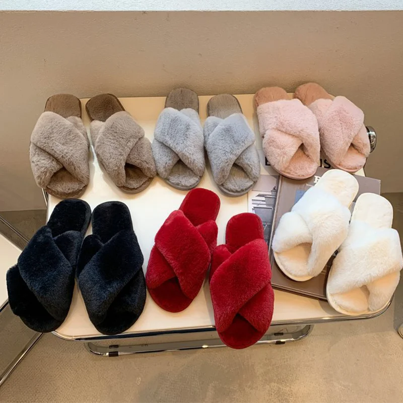 Winter Women House Slippers Faux Fur Fashion Warm Shoes Woman Slip on Flats Female Slides Black Pink cozy home furry slippers