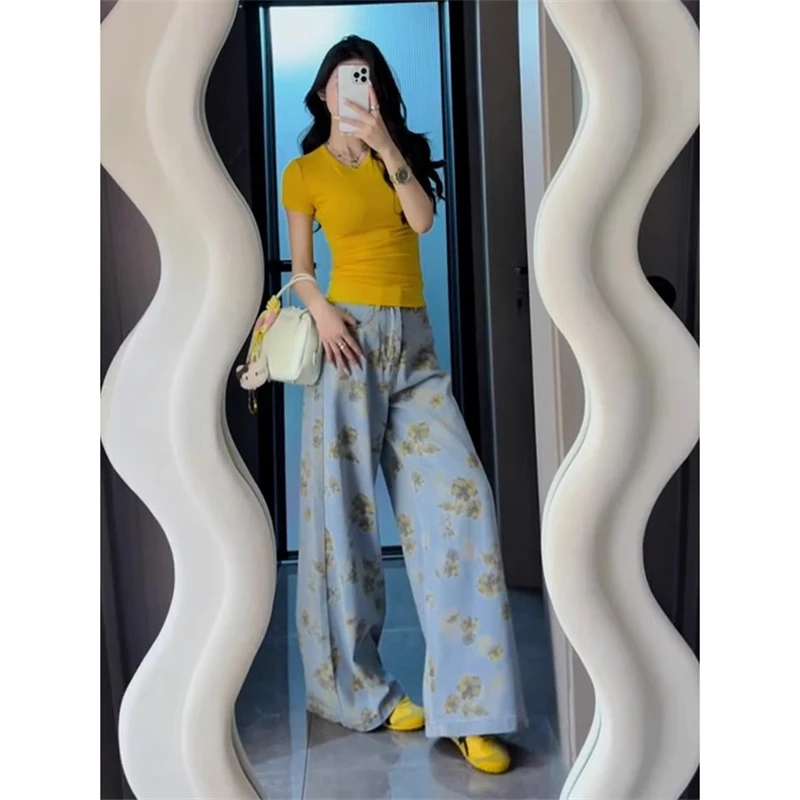 Mulheres vintage amarelo flor impressão azul denim calças de brim menina verão casual bottoms feminino cintura alta perna larga calças jeans