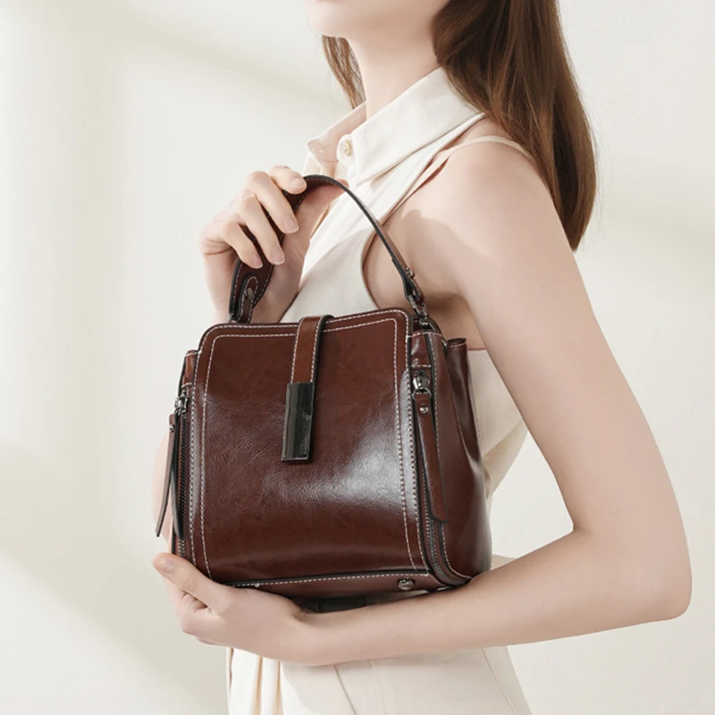 

Toptrends Vintage Cow Genuine Leather Bucket Small Shoulder Crossbody Bags For Women 2025 Luxury Designer Bucket Ladies Handbags