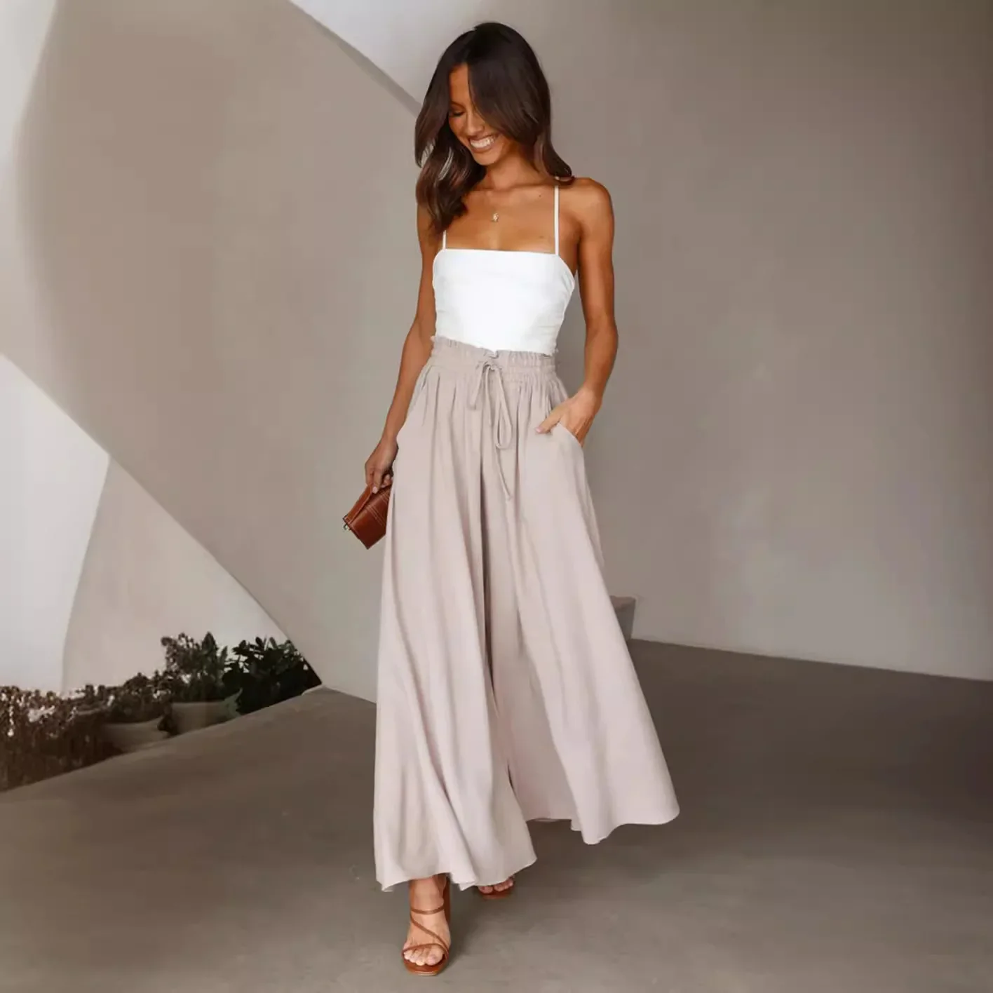Spring and  New Women's Clothing Wide-leg Trousers Elastic Belt Wide-leg High-waisted Long Skirt