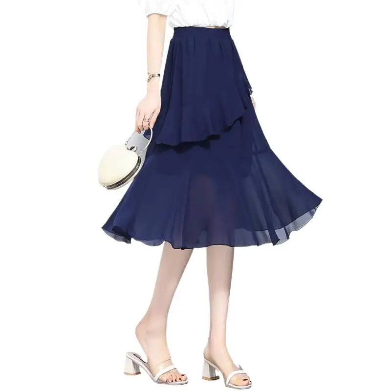 

2024 Women High Street Summer Chiffon Skirts Solid Office Ruffles Empire Trumpet Skirts Party Skirts -