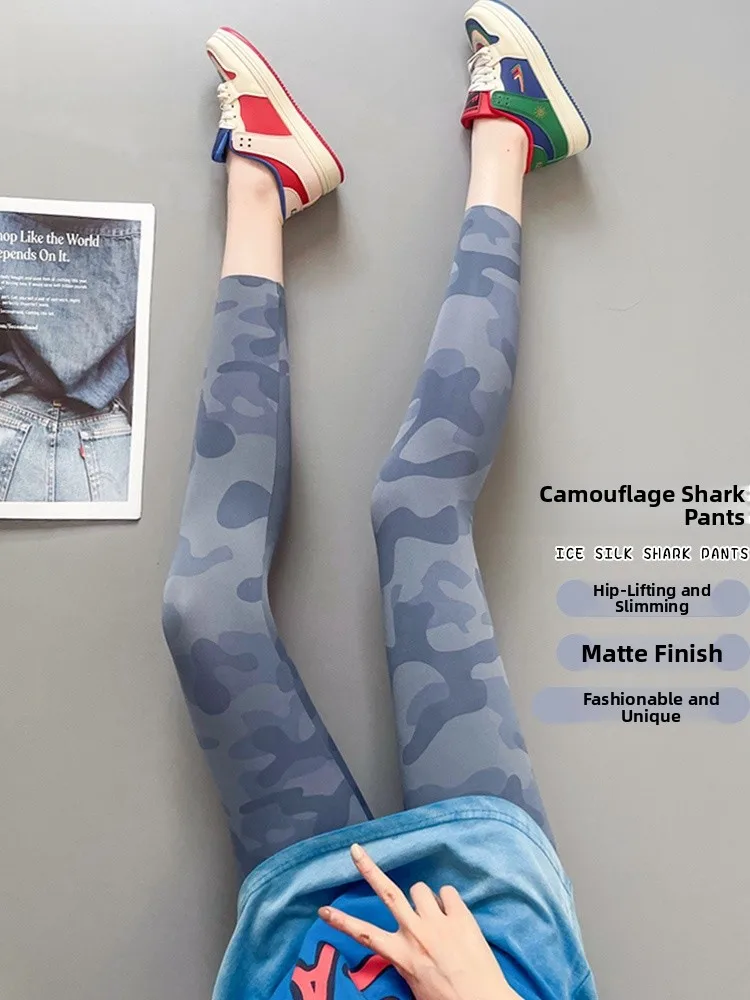 

Камуфляжные брюки Shark Pants для женщин, летние тонкие короткие брюки для йоги, спорта и фитнеса, базовый слой, длина 7/8 или 9/10, нейлон, спандекс