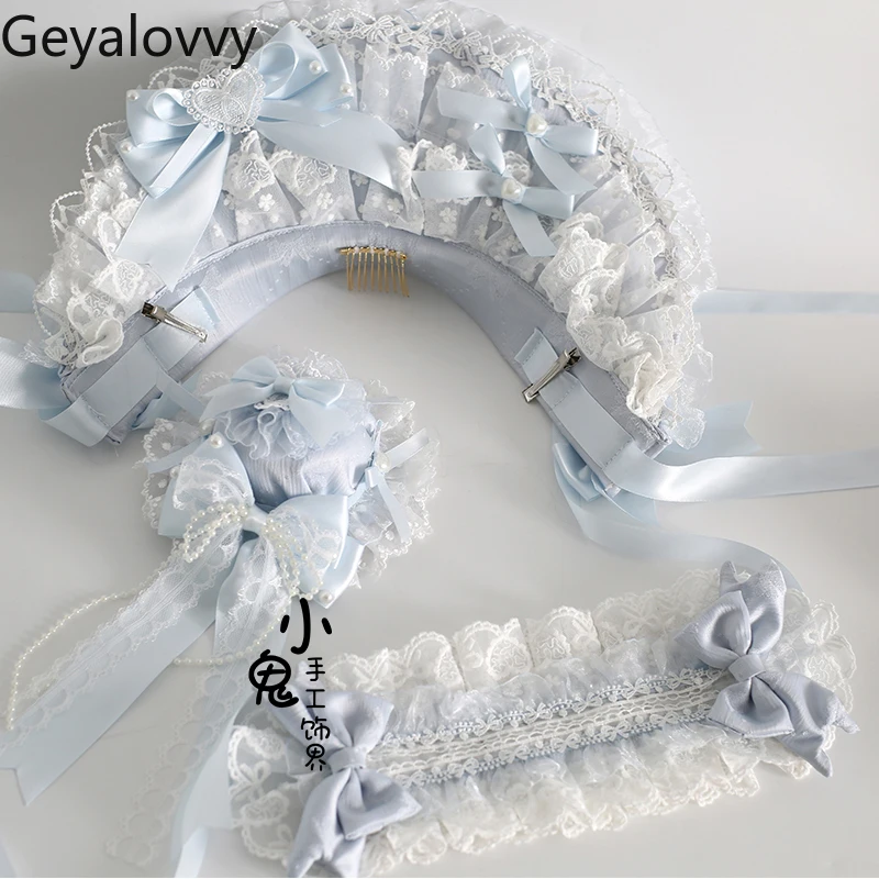 

Оригинальный синий, белый цвет, кружевная повязка на голову с бантом, японская Лолита, милая и милая девушка, универсальный головной убор Kc, аксессуары для волос с рукавами
