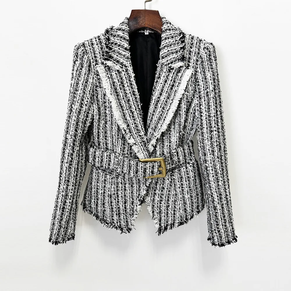 HIGH STREET Newest Fashion 2026 Designer Jacket Women's Belt Slim Fringed Tweed Jacket