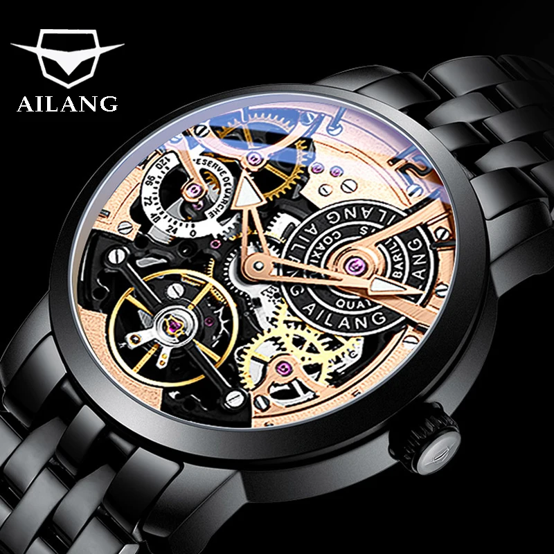 

AILANG Men Watch Top Brand 2024 New Fashion Tourbillon Skeleton Mechanical Watch Black Steel Band Automatic Watch For Men Reloj