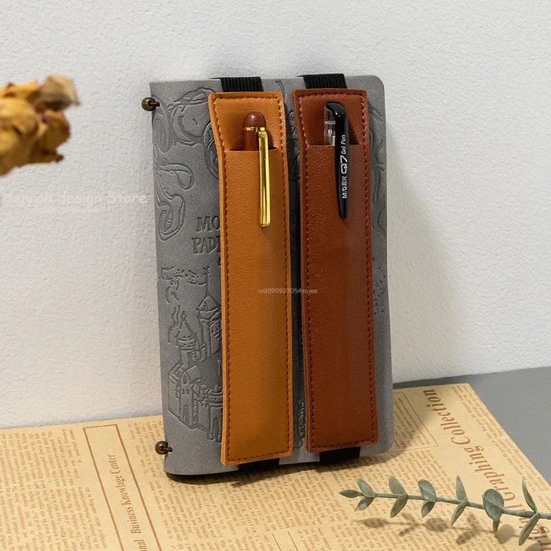 Vintage Leather Pen Pouch with Secure Strap Attaching to Books Notebook Multi-Functional Pencilcase Portable Cowhide Pencil Case