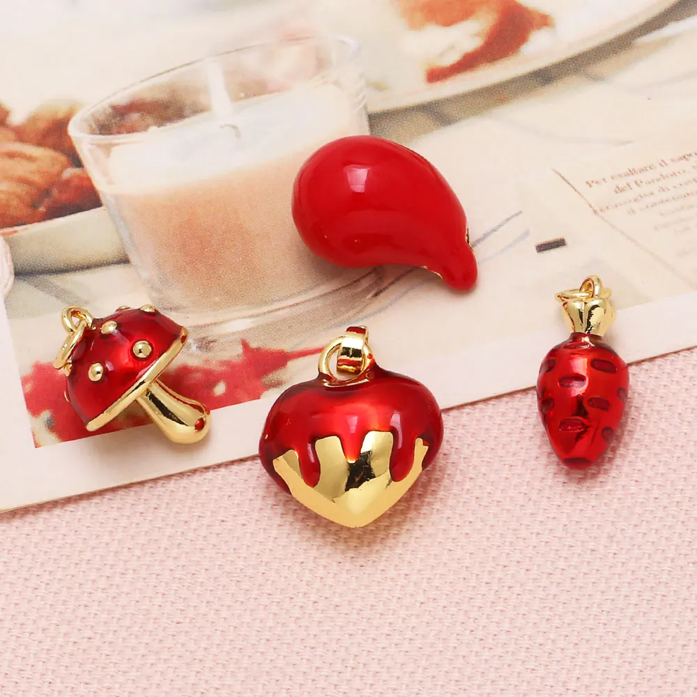 OCESRIO Trendy Red Enamel Strawberry Charms for Bracelet Copper Gold Plated Mushroom Carrot Chili accesorios de joyería chma319