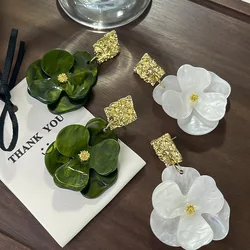 New S925 Silver Needle Acrylic Green Flower Stud Earrings French Retro Temperament Light Luxury Earrings for Women Jewelry