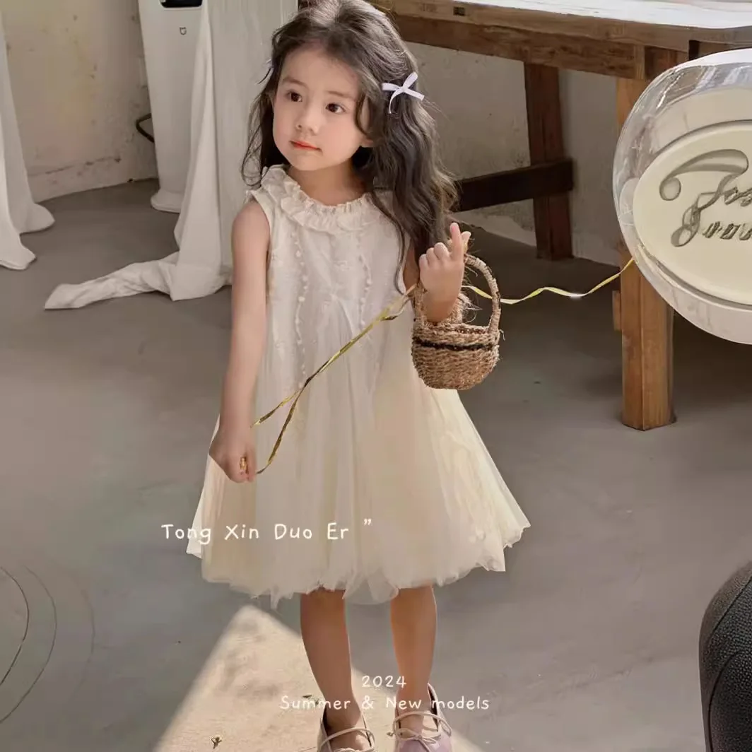 Baby Girls Dress 2024 New Summer Senior Sense Children Beige Super Fairy French Sundress Princess Korean Sweet Style Dress