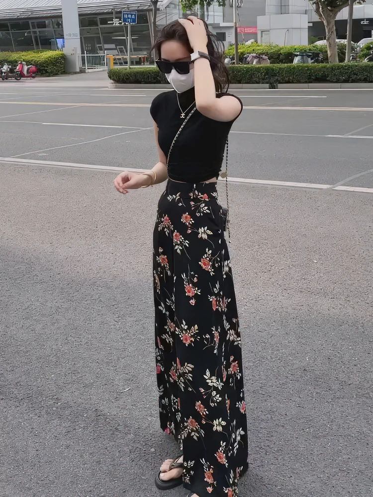 Calças Largas Florais Estilo Coreano para Mulheres Verão 2025 Novas ulares de Cintura Alta inando até o Chão