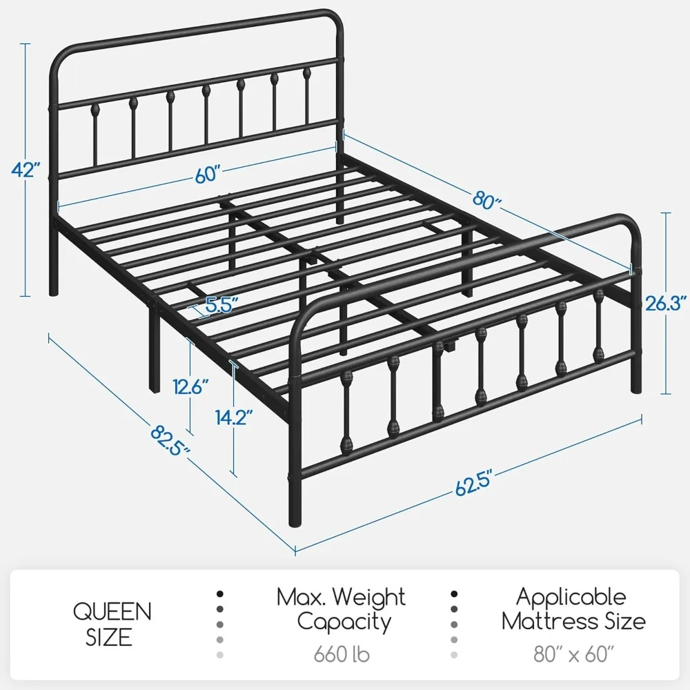 Queen Size Bed Frame with Victorian Style Iron-Art Headboard, Footboard, Under Beds Storage, Classic Metal Platform Bed Frame