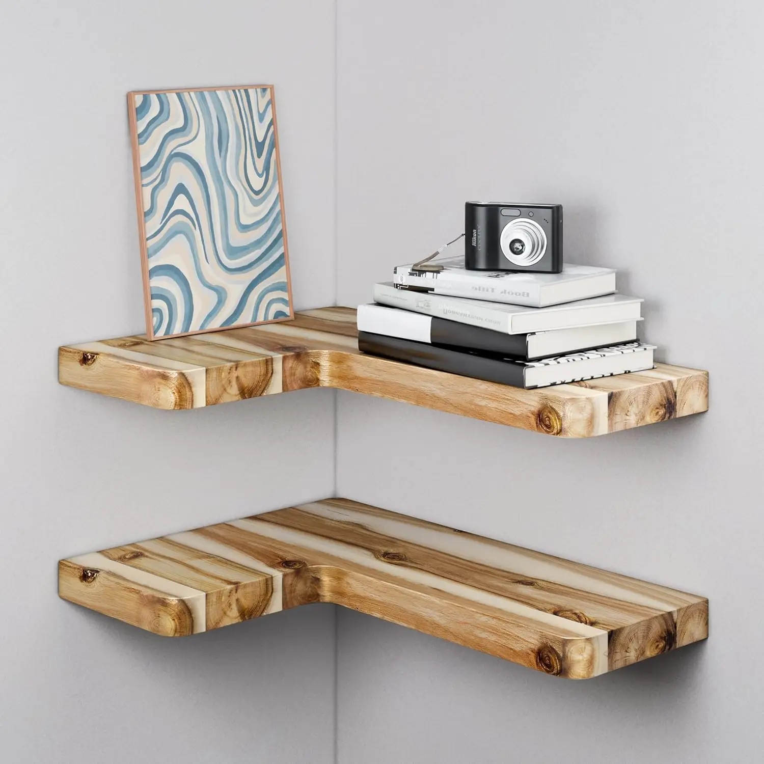 

Acacia Corner Floating Shelves 17“x12”, Wall Shelves - Floating Book Shelves for Wall, Corner Bookshelf for Home Deco