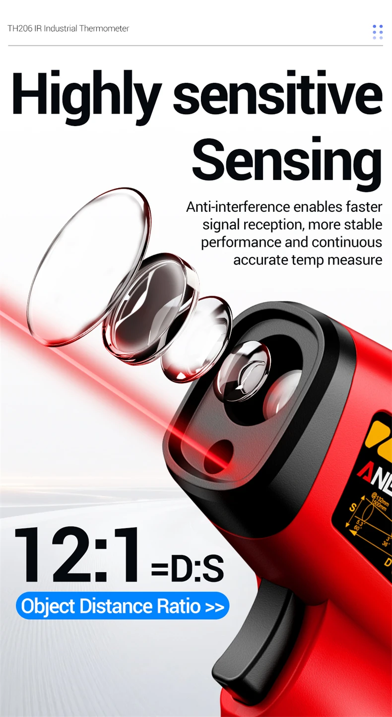 ANENG TH206 Infrarot-Thermometer ‑50 ℃ ‑400 ℃ 12:1 D:S-Verhältnis Laser-Zielung ℃ / ℉ Berührungsloser Temperaturmesser mit Datenhaltefunktion und Hintergrundbeleuchtung – Detail 9