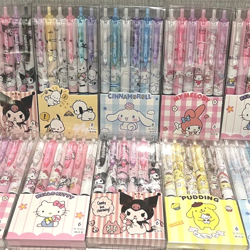 Sanrio Hello Kitty 6 pz Serie Penna Gel 0.55mm Ricarica Y2k Cinnamoroll Kuromi MelodyCartoon Press Pen Nero Forniture di Cancelleria