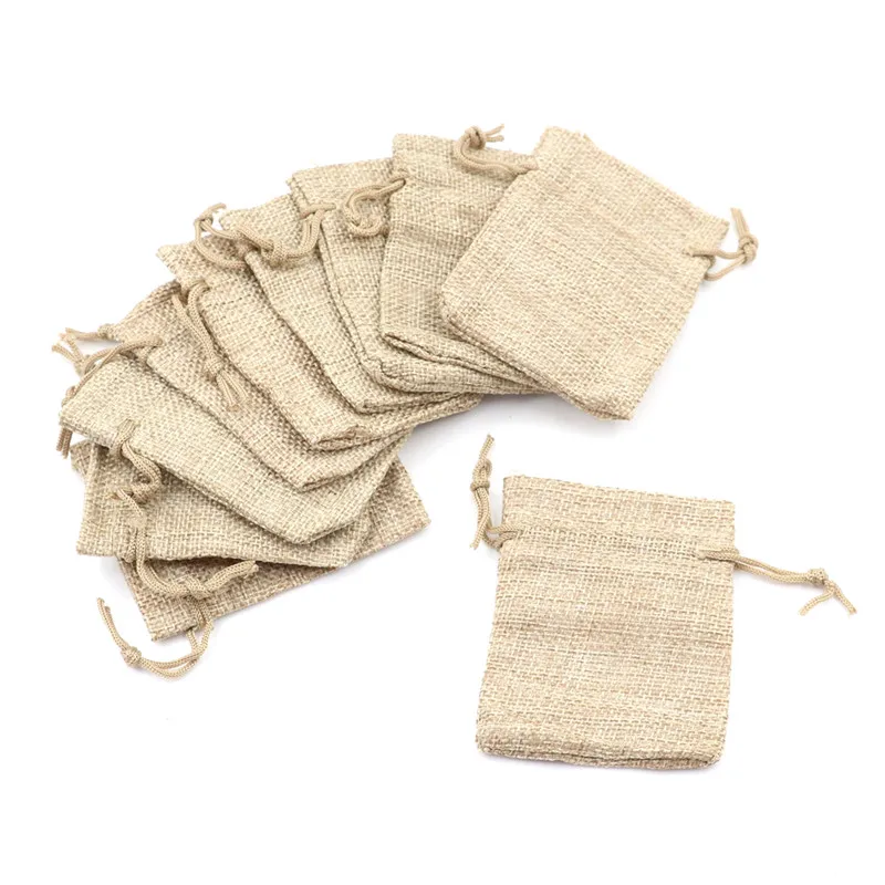 10pcs Fashion Small Burlap Jute Sack Linen Pouch Bag Drawstring Wedding Supplies