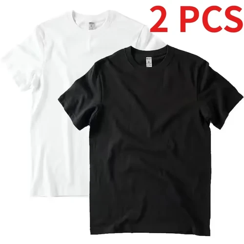 Imagen 2 del producto 2 uds camiseta de Color sólido 100% algodón hombres mujeres blanco cuello redondo suelto de manga corta modelos básicos todo-fósforo camiseta pareja Tops negro